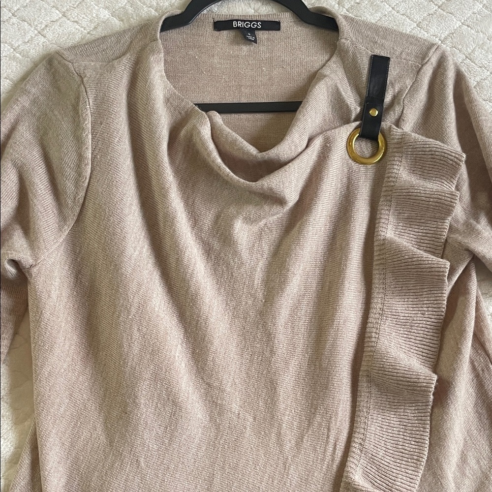 BRIGGS|Light Taupe Ruffle Shawl Sweater with Buckle Detail|Small|EUC - Picture 10 of 13